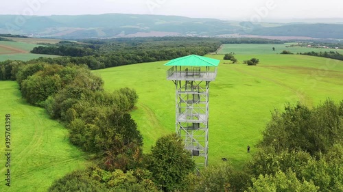 Aerial view of the Zlatnik lookout tower in the Slanske vrchy locality near the village of Bystre in Slovakia photo