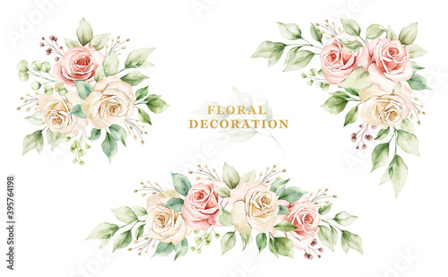 Set of watercolor arrangement of roses and leaves