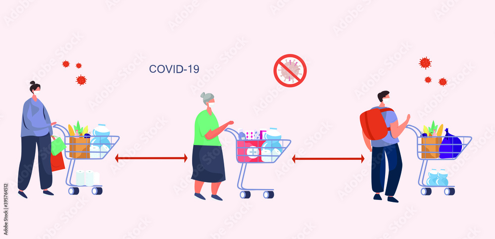 People with Shopping Cart Keeping Social Distancing two Metres and Coronavirus covid-19 Prevention in Shop.Characters in Medical Mask Buying Groceries.Protect yourself.Flat Vector Illustration People with Shopping Cart Keeping Social Distancing two Metres and Coronavirus covid-19 Prevention in Shop.Characters in Medical Mask Buying Groceries.Protect yourself.Flat Vector Illustration