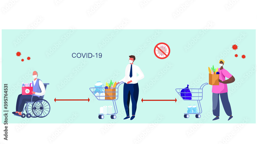 People with Shopping Cart Keeping Social Distancing two Metres and Coronavirus covid-19 Prevention in Shop.Characters in Medical Mask Buying Groceries.Protect yourself.Flat Vector Illustration