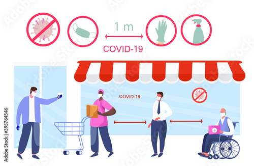 Temperature Measurement at the Entrance to Store.People with Shopping Cart in Medical Mask Keeping Social Distancing two Metres and Coronavirus covid-19 Prevention in Shop.Flat Vector Illustration