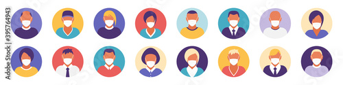 Flat modern minimal avatar icons with medical mask. Business concept, global communication. Web site user profile. Social media, network elements.