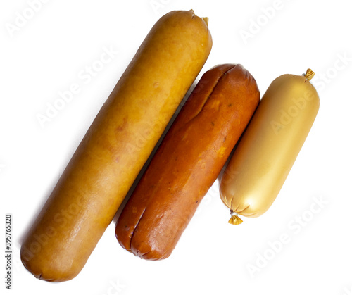 Smoked sausages, close up, isolated on white background