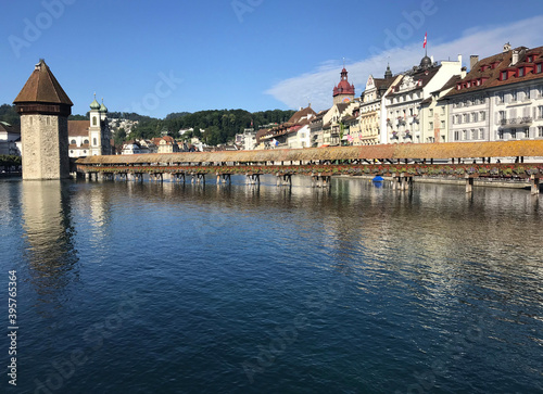 Historic city center of Lucerne with famous Chapel Bridge on Reuss River in Switzerland