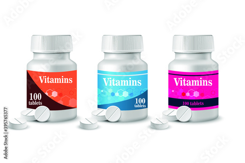 Design template for a bottle with vitamins. A jar with medications. Vector label design for jars with medicines.