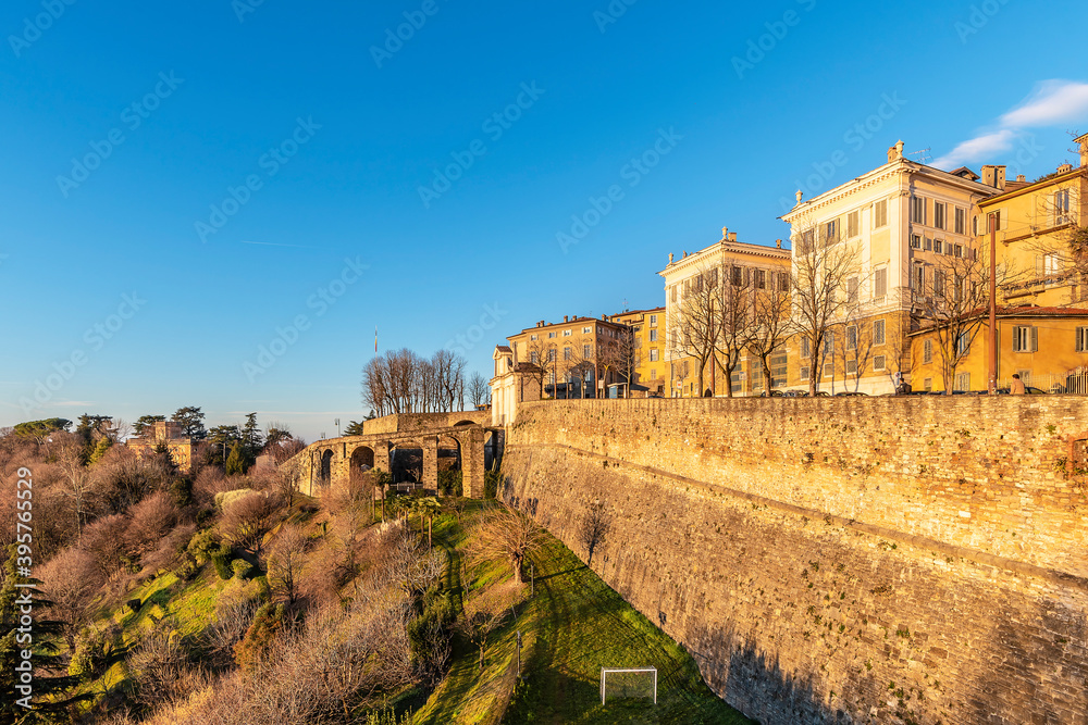 Historical Porta San Giacomo view in Citta Alta of Bergamo City