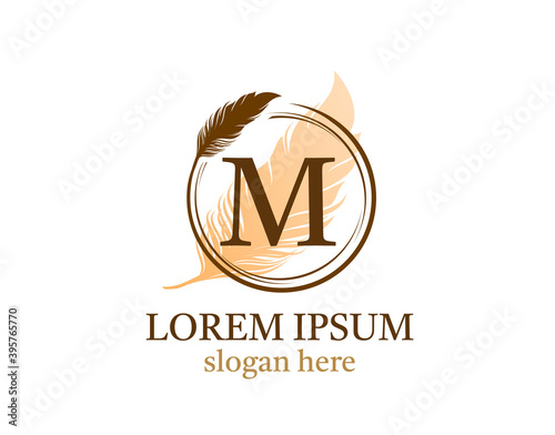 Feather letter M icon design, vector design concept circle feather with letter for initial luxury business, firm, law service, notary, boutique and more brand identity.