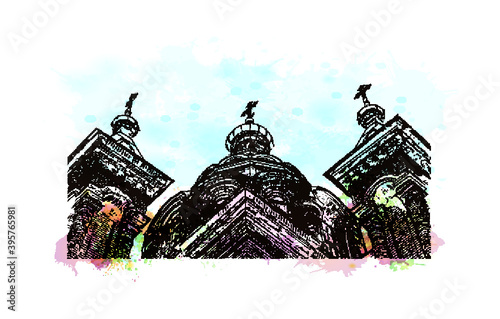 Building view with landmark of Kamppi Centre is a complex in the Kamppi district in the centre of Helsinki, Finland. Watercolour splash with hand drawn sketch illustration in vector.