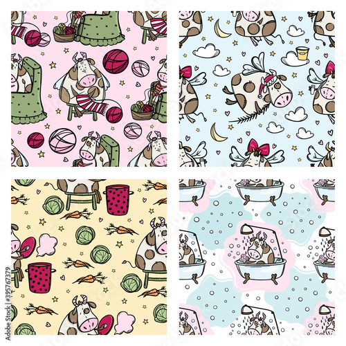 NEW YEAR COW PATTERN SET Christmas Bulls Winter Holiday Hand Drawn Hygge Cartoon Four Seamless Backgrounds Vector Illustration Collection For Print