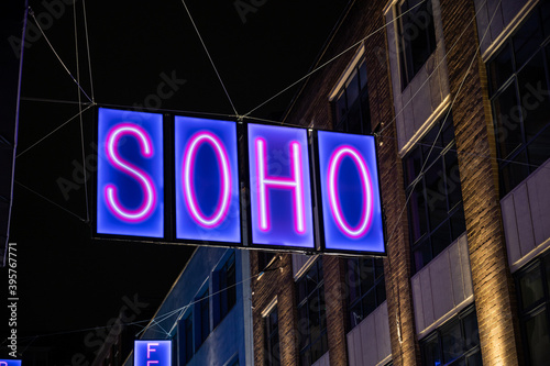 Illuminated SOHO sign as part of the Carnaby Street 2020 Christmas lights aimed at delivering positive message during the COVID 19 pandemic