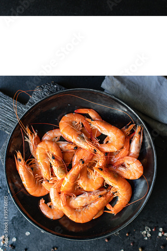 shrimp seafood cooked prawn ready to eat serving healthy meal snack top view copy space for text food background rustic