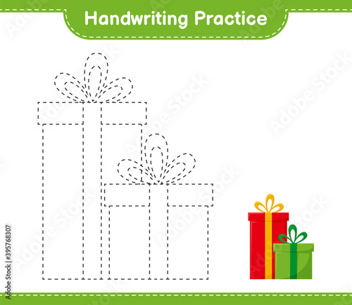 Handwriting practice. Tracing lines of Gift Boxes. Educational children game, printable worksheet, vector illustration