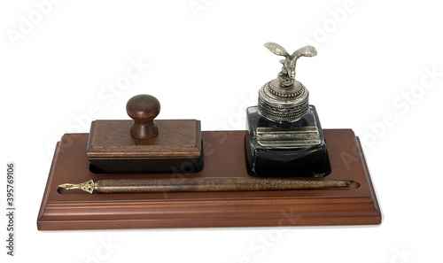 Принти на полотні writing set pen inkwell and paperweight on white background