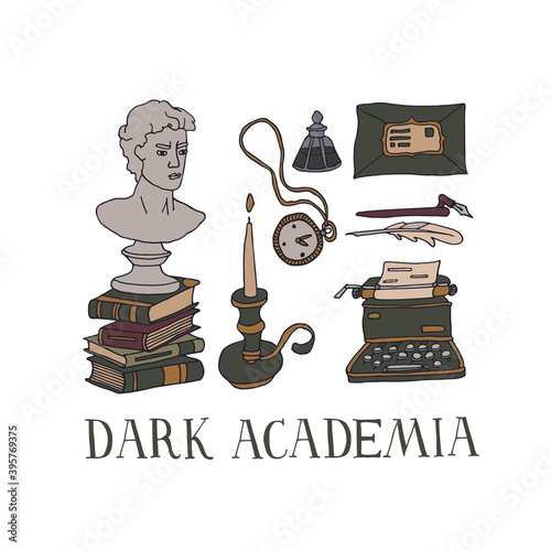 Dark Academia room set. Vintage elements collection. Bust, candle, typewriter, stacks of books and manuscripts. Hand written letter and ink. Antique aesthetic vector illustration with lettering