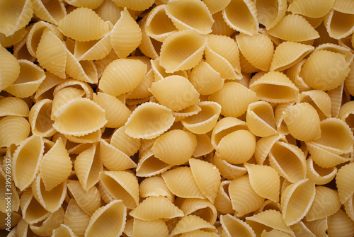 Uncooked italian pasta Conchiglie shaped in form of seashells. 