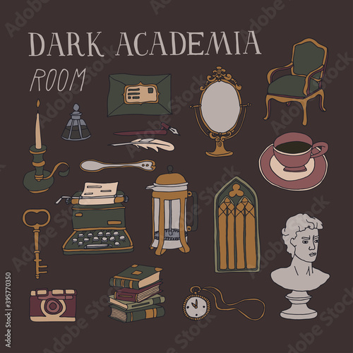 Dark Academia room set. Vintage elements collection. Bust, french press, typewriter, stacks of books and antique furniture. Lifestyle vector illustration in dark colors with hand written lettering