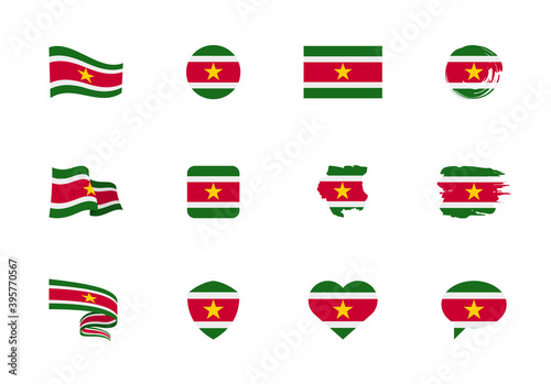 Suriname flag - flat collection. Flags of different shaped twelve flat icons.