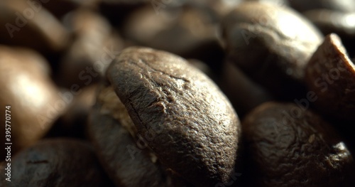 A large coffee bean in studio light front of other coffee beans. Close-up dolly shot. Concept premium coffee bean for process best coffee. 