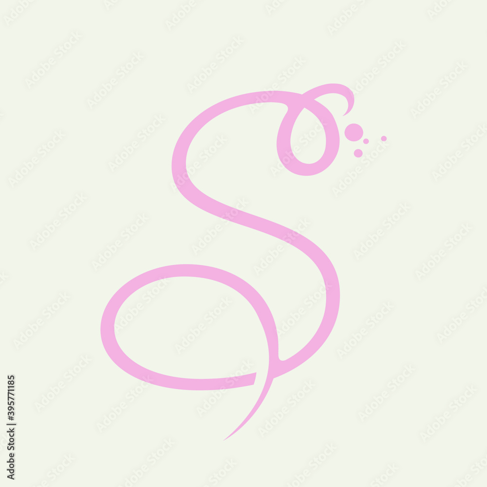 Letter S logo.Calligraphic lettering with decorative bubbles.Vector icon lettering.Romantic, wedding style letter s in pink color isolated on light background. Letter S logo.Calligraphic lettering with decorative bubbles.Vector icon lettering.Romantic, wedding style letter s in pink color isolated on light background.