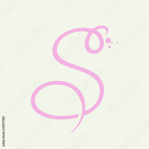 Letter S logo.Calligraphic lettering with decorative bubbles.Vector icon lettering.Romantic, wedding style letter s in pink color isolated on light background.