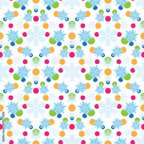 Christmas beautiful vector seamless background with blue snowflakes and multi-colored confetti.