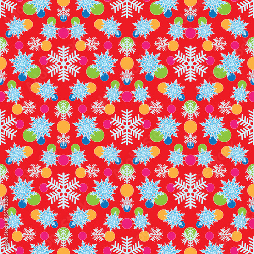 Christmas beautiful vector seamless background with blue snowflakes and multi-colored confetti.