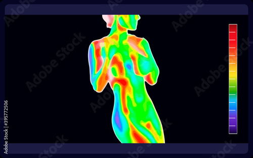Vector graphic of thermal image scanning beautiful naked female body on black background. Electromagnetic spectrum. Naked sensual beautiful girl. Beautiful nude body of sensuality elegant lady.