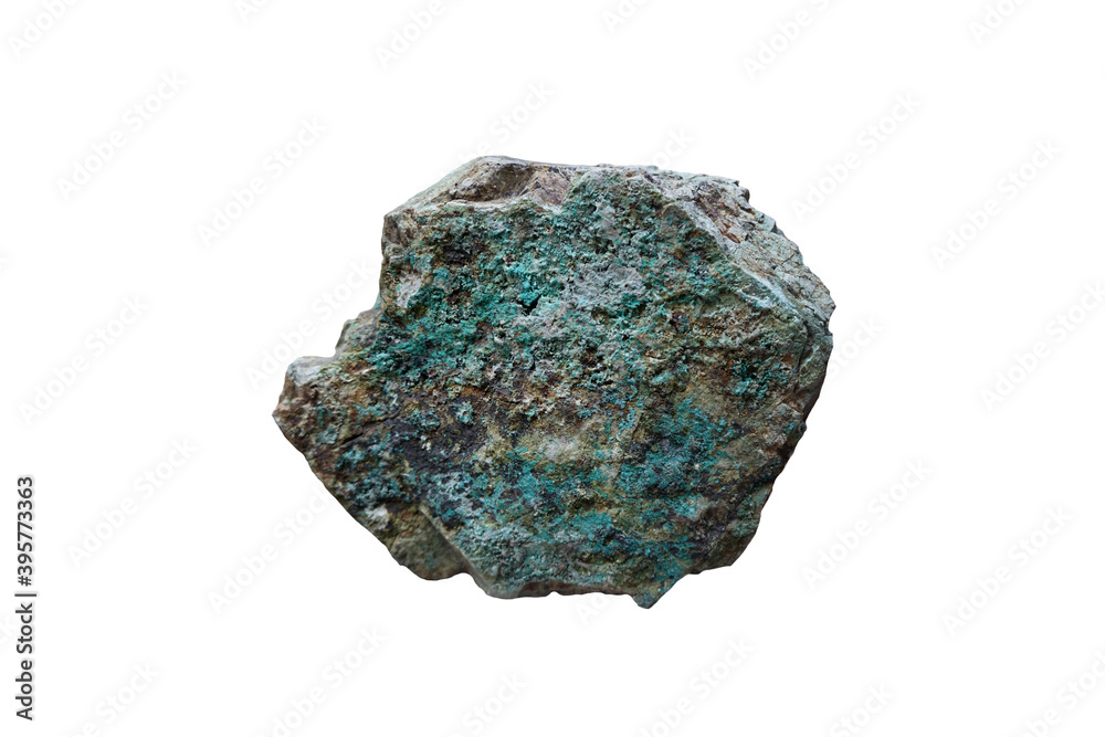malachite rock isolated on a white background. Copper carbonate hydroxide mineral.