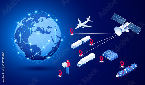 Isometric Global logistics network concept. Freight shipping. Satellite tracks the movement of freight transport. Maritime, air shipping transport logistic, warehouse storage concept, export or import