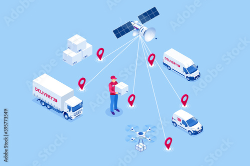 Isometric Global logistics network concept. Freight shipping. Satellite tracks the movement of freight transport. Maritime, air shipping transport logistic, warehouse storage concept, export or import