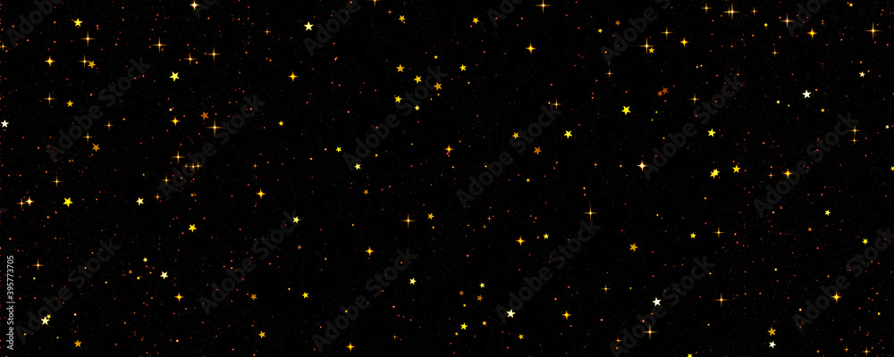 Golden stars on a black sky, a cluster of bright stars, space, festive background