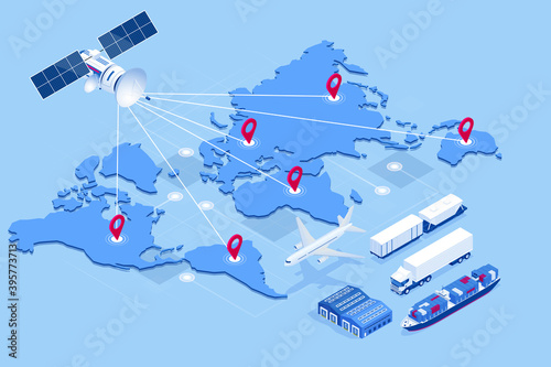Isometric Global logistics network concept. Freight shipping. Satellite tracks the movement of freight transport. Maritime, air shipping transport logistic, warehouse storage concept, export or import