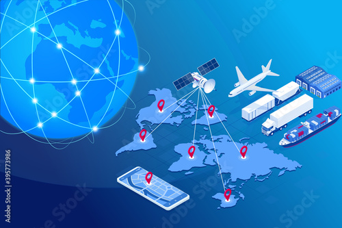 Isometric Global logistics network concept. Freight shipping. Satellite tracks the movement of freight transport. Maritime, air shipping transport logistic, warehouse storage concept, export or import