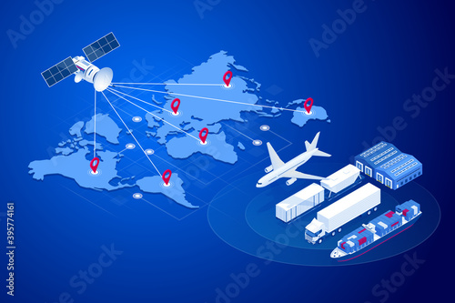 Isometric Global logistics network concept. Freight shipping. Satellite tracks the movement of freight transport. Maritime, air shipping transport logistic, warehouse storage concept, export or import