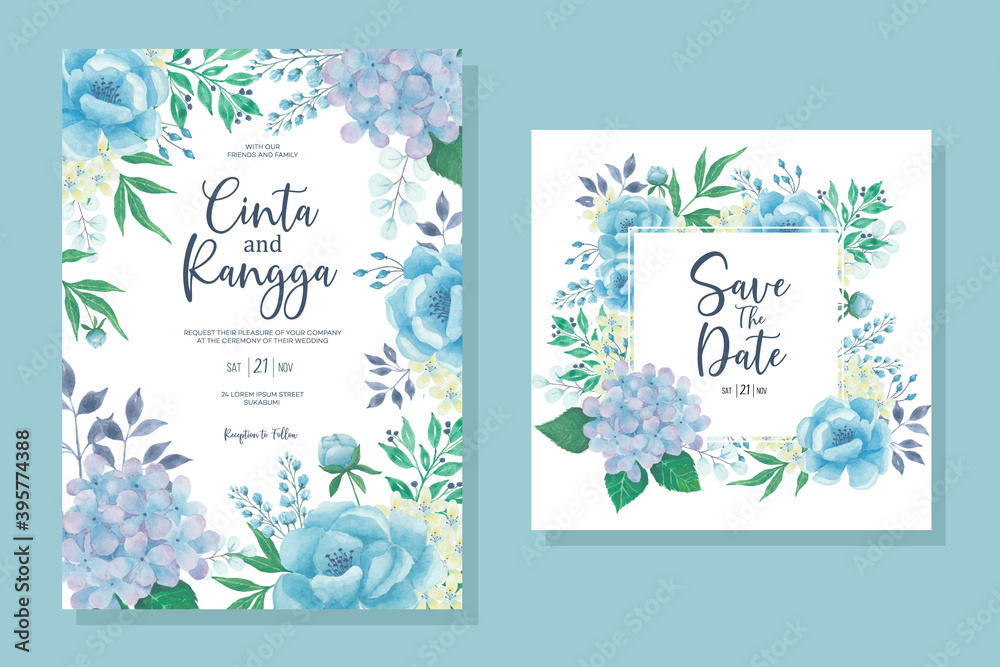 Wedding invite, invitation, save the date card design with watercolor blue color leaves, forest plants, herbs composition & golden rhombus frame. delicate beauty postcard editable, cute layout Vector