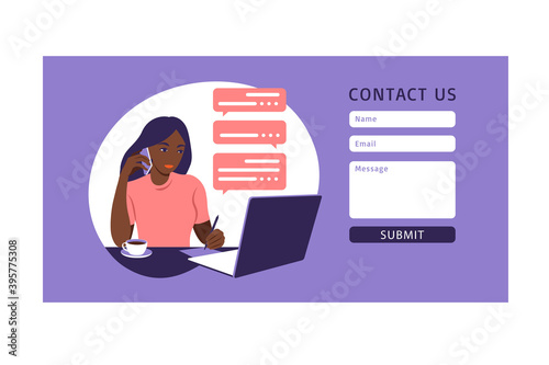 Contact us form template for web and Landing page. African female customer talking with client. Online customer support, help desk concept and call center. Vector illustration in flat.
