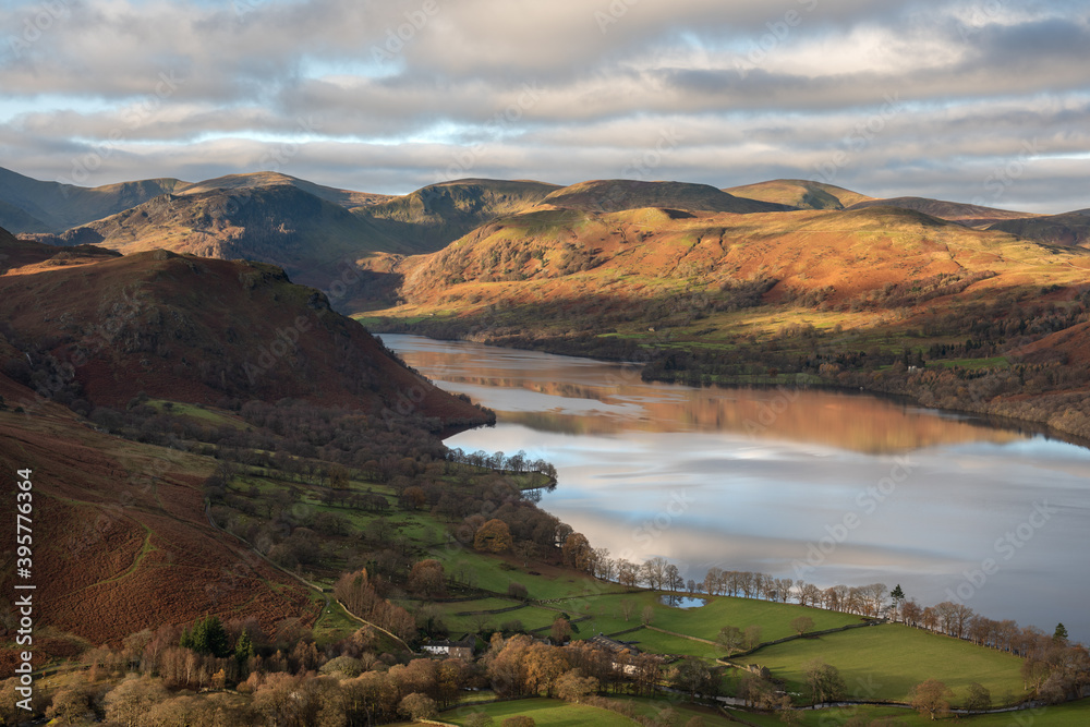 Beautiful morning light on Lake District mountains with calm Ullswater lake, taken from Hallin Fell.