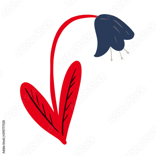 Blue bellflower with red stem isolated on white background. Abstract botanical flower in doodle.