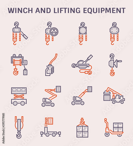 Winch icon and other lifting equipment icon such as scissor lift, cherry picker, reach stacker etc for vary work and industry such as construction, production, rection, maintenance and warehousing. 