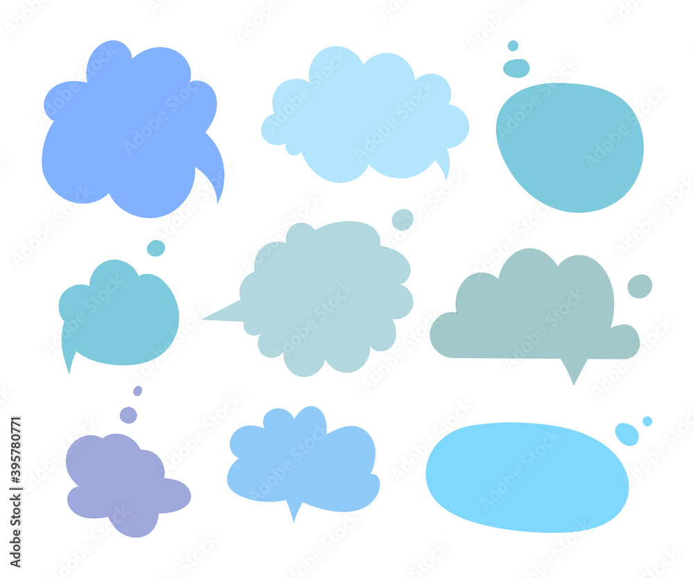 Set of dialog boxes different variants drawn by hand. Vector flat illustrations. Collection pastel colors doodle for talk, dialogue, decoration on white background