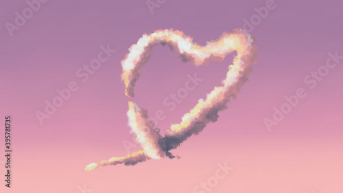 ロマンチックなハートマークの飛行機雲とピンク色の空の背景イメージ素材