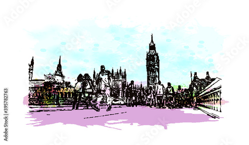 Building view with landmark of London is the 
capital of England. Watercolour splash with hand drawn sketch illustration in vector.