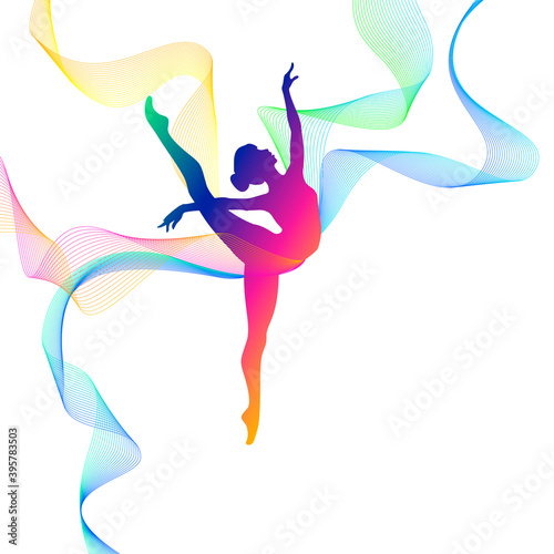 Rhythmic gymnastics. Vector silhouette of girl with multicolored lines