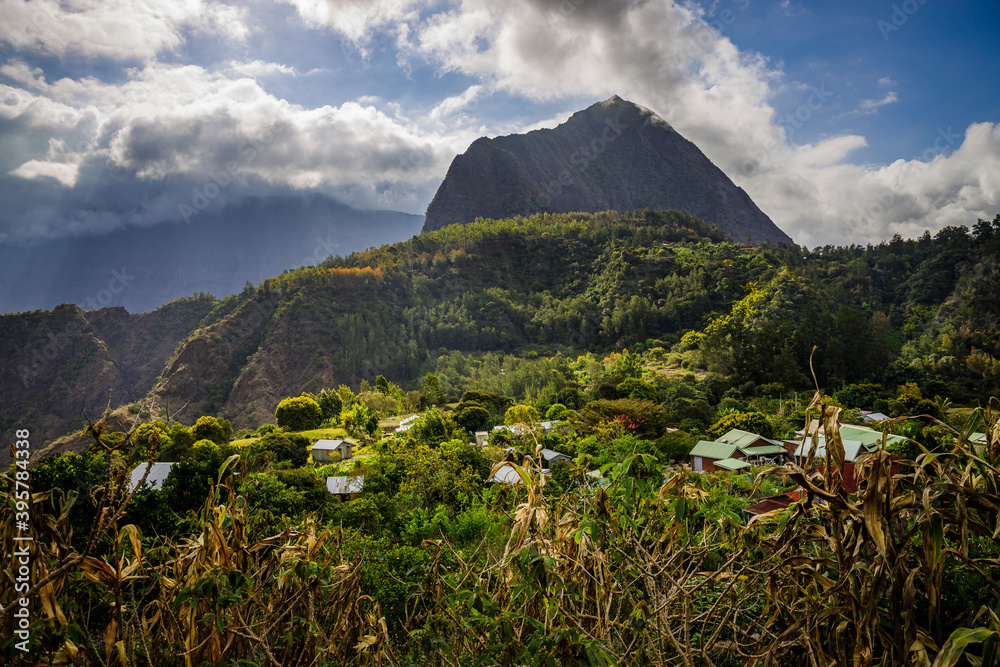 Fototapeta premium View of Ilet à Malheur, a small village in the Cirque de Mafate, a caldera on Réunion Island