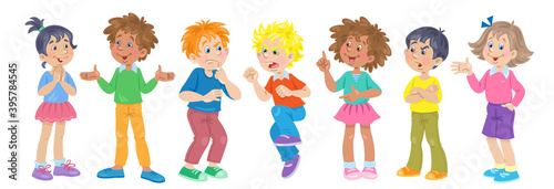 A group of children of different nationalities are standing together. Different emotions and gestures. Banner in cartoon style. Isolated on white background. Vector flat illustration.