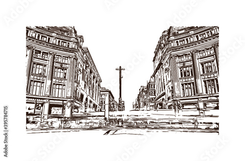 Building view with landmark of London is the 
capital of England. Hand drawn sketch illustration in vector.