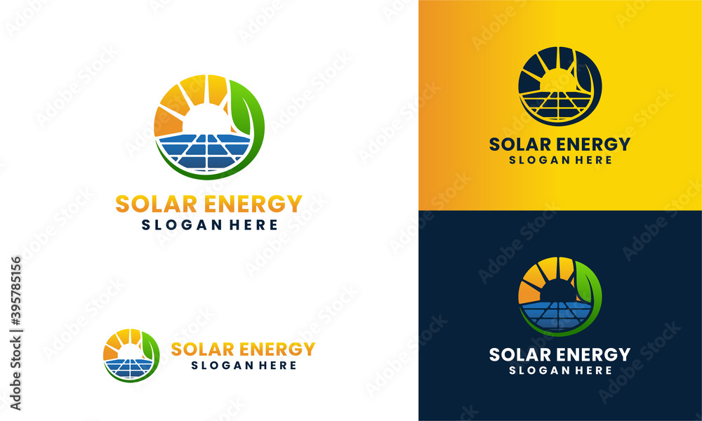 solar panel and sun energy logo with leaf concept logo design template ...
