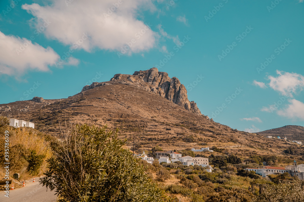 Panoramic view of Mount Exomvourgo on the island of Tinos, Cyclades, Greece