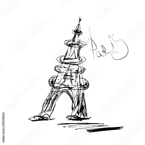 Eiffel tower on white background freehand drawing, traveler