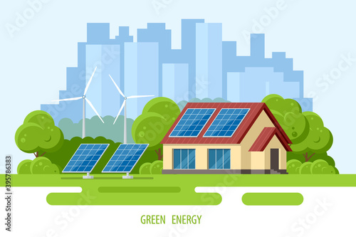 Solar panels on the roof of the modern house. Renewable energy sources. Backup power energy storage system. Ecology home
